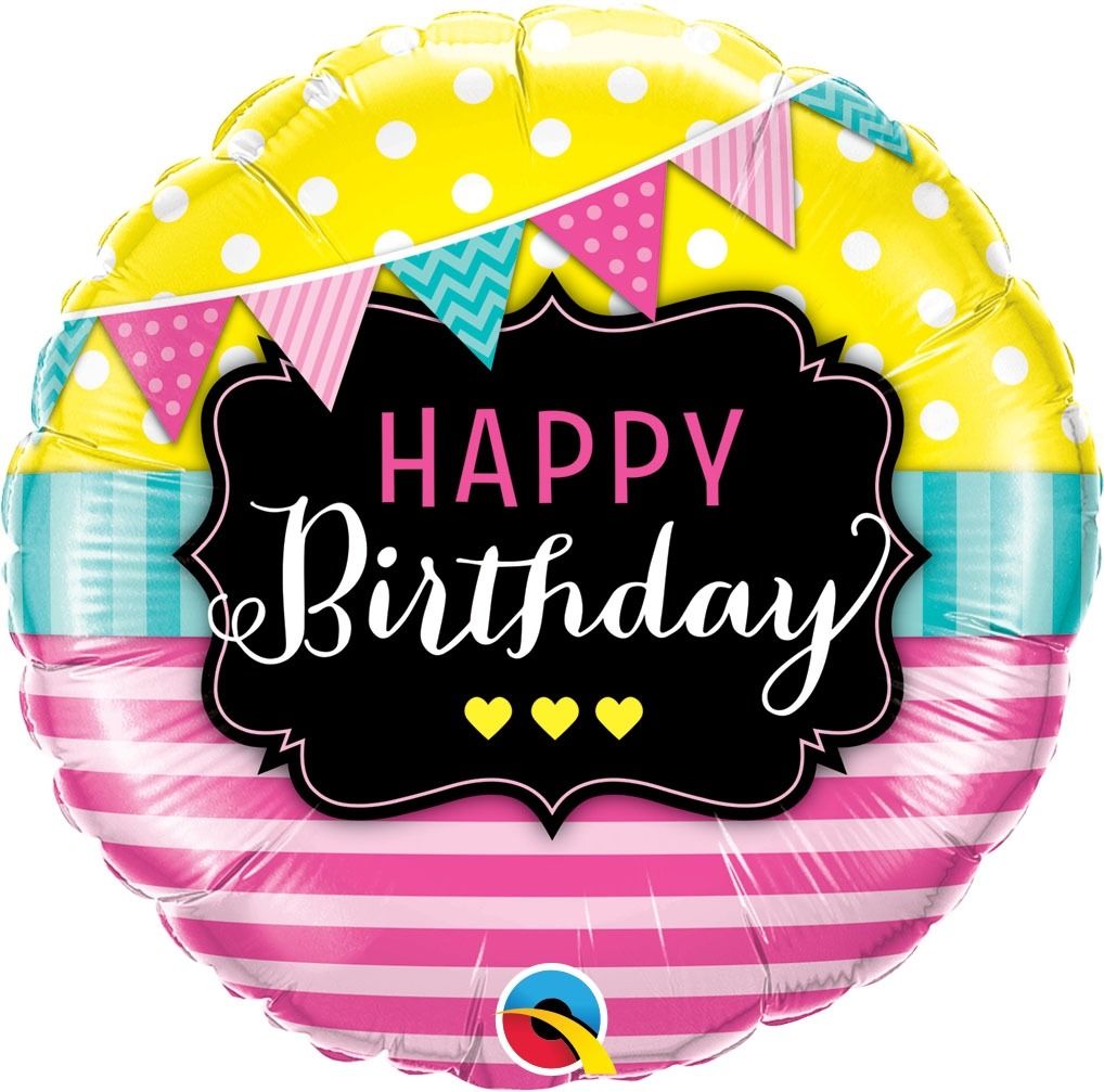 18" RND 01CT BDAY PENNANTS & PINK STRIPES