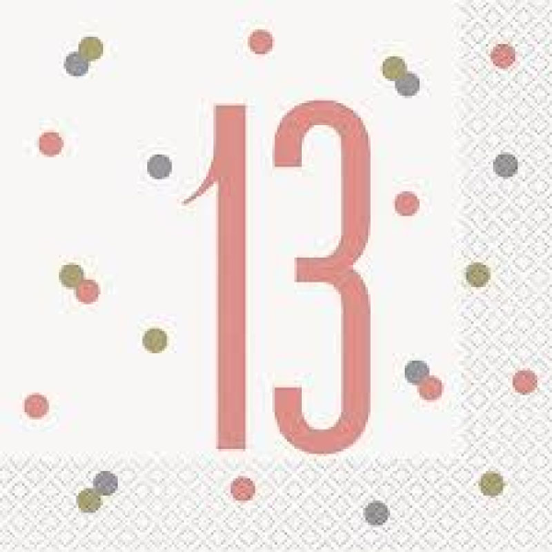 Unique Age 13 Rose Gold Glitz Napkins 16ct