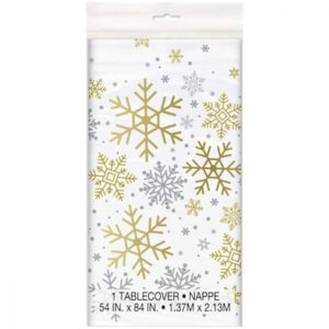 Unique Silver/Gold Holiday Snowflakes Plastic Tablecover 1.37m x 2.13m