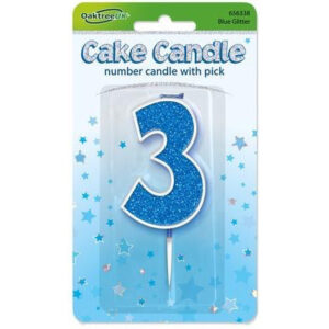 Oaktree Number 3 Blue Glitter Cake Candle
