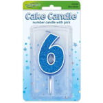 Oaktree Number 6 Blue Glitter Cake Candle