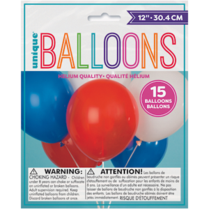 Unique Red Blue White Uninflated Latex Balloons 15ct