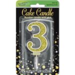 Oaktree Number 3 Gold Glitter Cake Candle