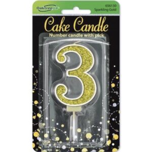 Oaktree Number 3 Gold Glitter Cake Candle