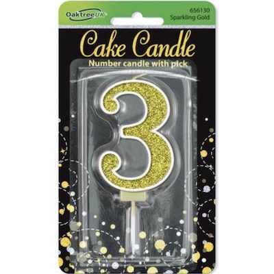 Oaktree Number 3 Gold Glitter Cake Candle