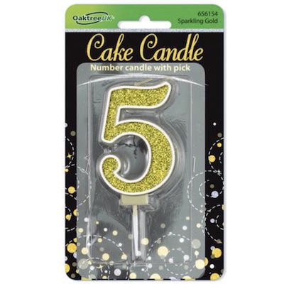 Oaktree Number 5 Gold Glitter Cake Candle