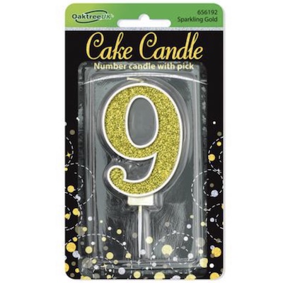 Oaktree Number 9 Gold Glitter Cake Candle