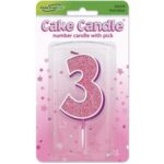 Oaktree Number 3 Pink Glitter Cake Candle