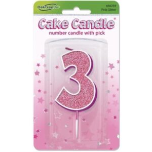 Oaktree Number 3 Pink Glitter Cake Candle