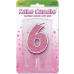 Oaktree Number 6 Pink Glitter Cake Candle