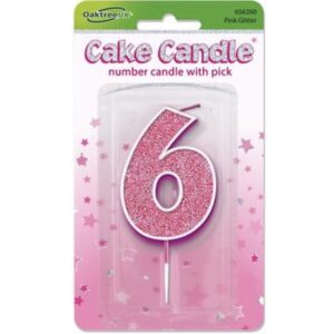 Oaktree Number 6 Pink Glitter Cake Candle