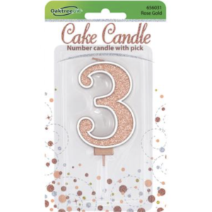 Oaktree Number 3 Rose Gold Glitter Cake Candle