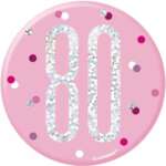 Unique Age 80 Pink Glitz 3" Badge